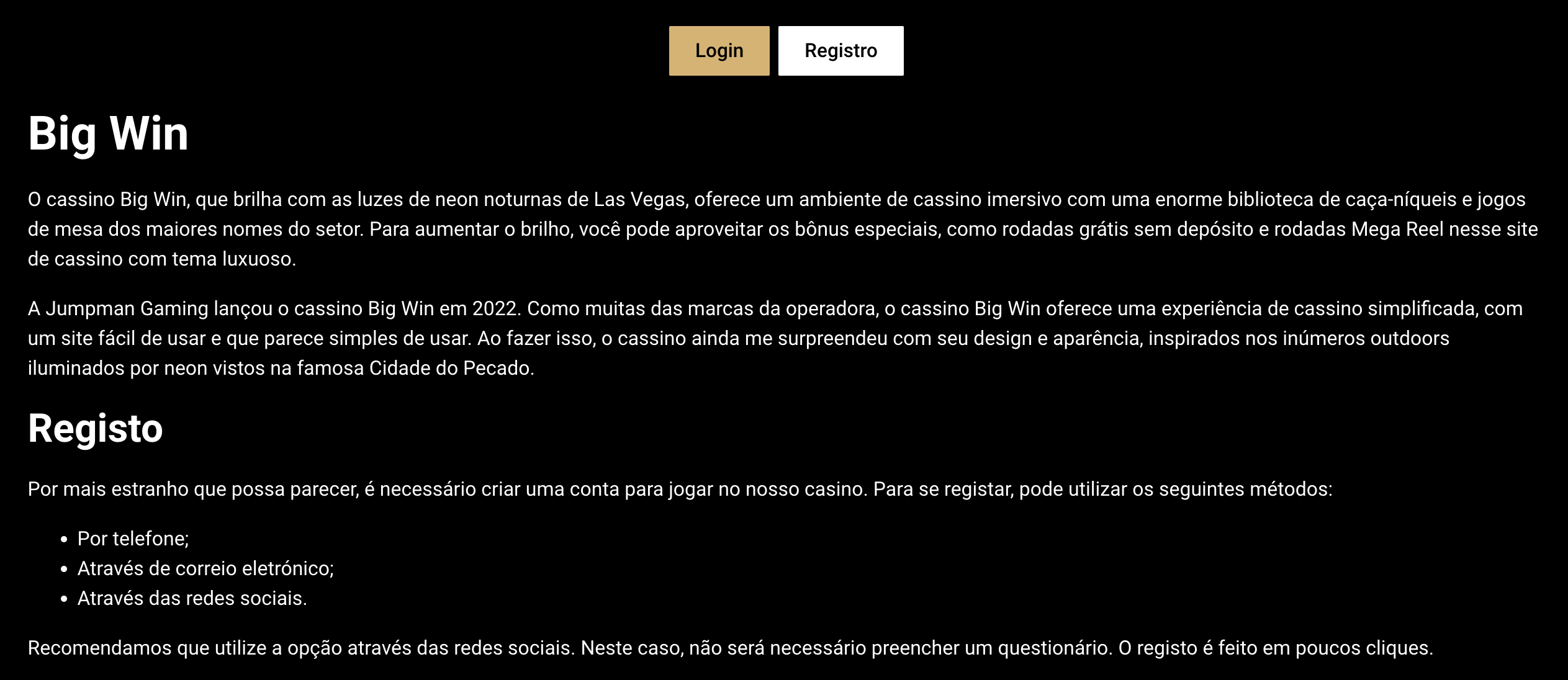 Avaliação do cassino BigWin